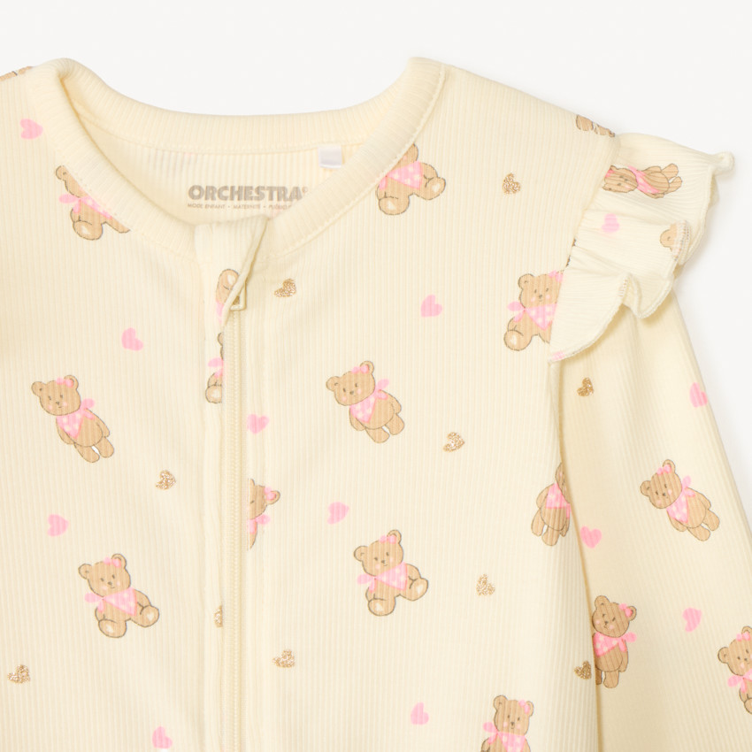 Dors-bien en maille côtelée zippé imprimé ourson pour bébé fille 