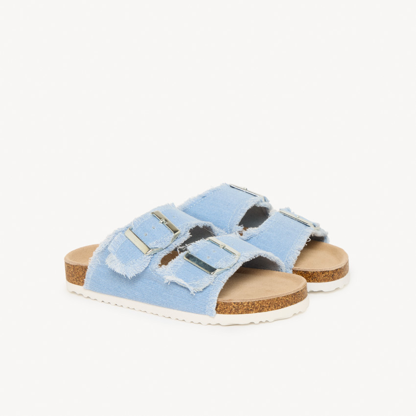 Claquette bleues à double boucles et franges pour fille