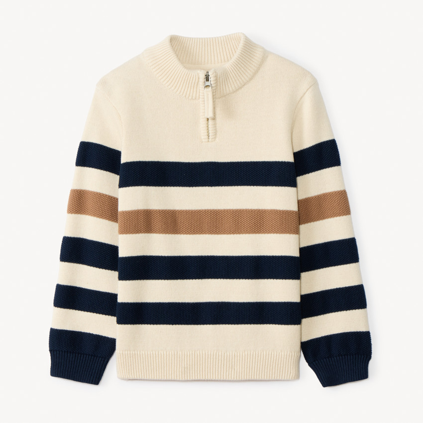 Pull manches longues à col camionneur à zip et rayures pour garçon