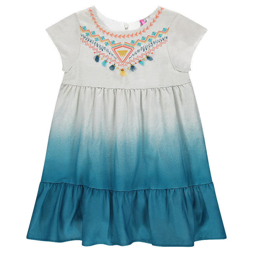 Robe manches courtes brodée avec pompons effet dip dye 