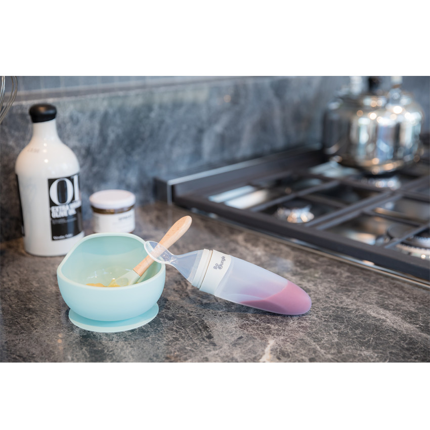 Bol en silicone avec ventouse + cuillère en bois - Bleu 