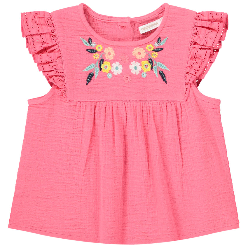 Top manches courtes en gaze de coton avec broderie pour fille 