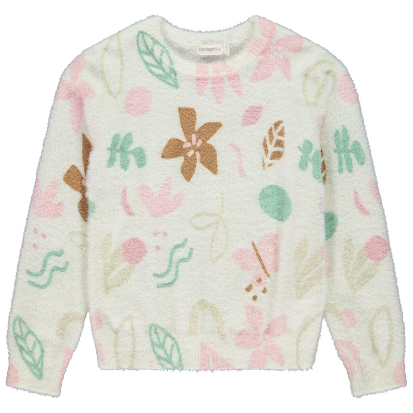 Pull en tricot effet poilu imprimé floral pour fille 