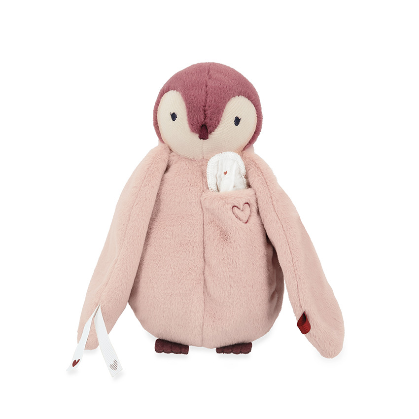 Peluche à bisous manchot rose avec mouchoir à cœurs 