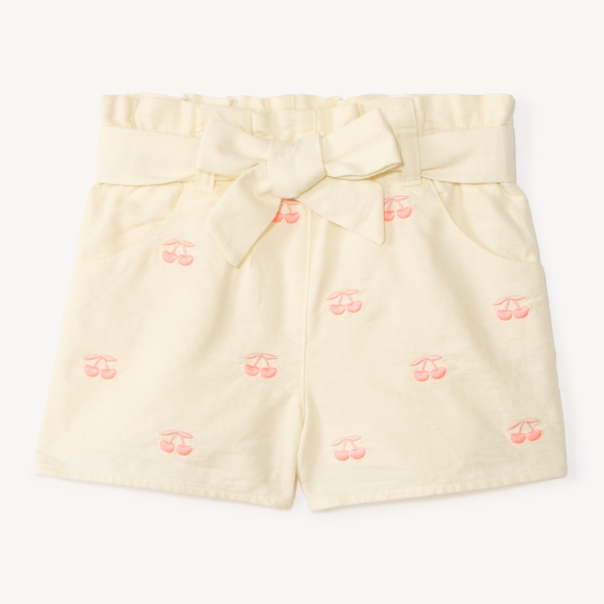 Short à nouer avec broderie cerise pour bébé fille