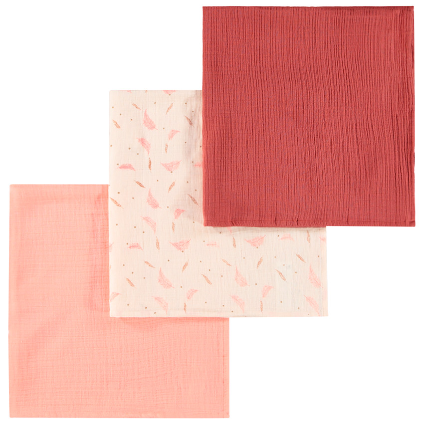 Lot de 3 langes en gaze de coton motif plumes   