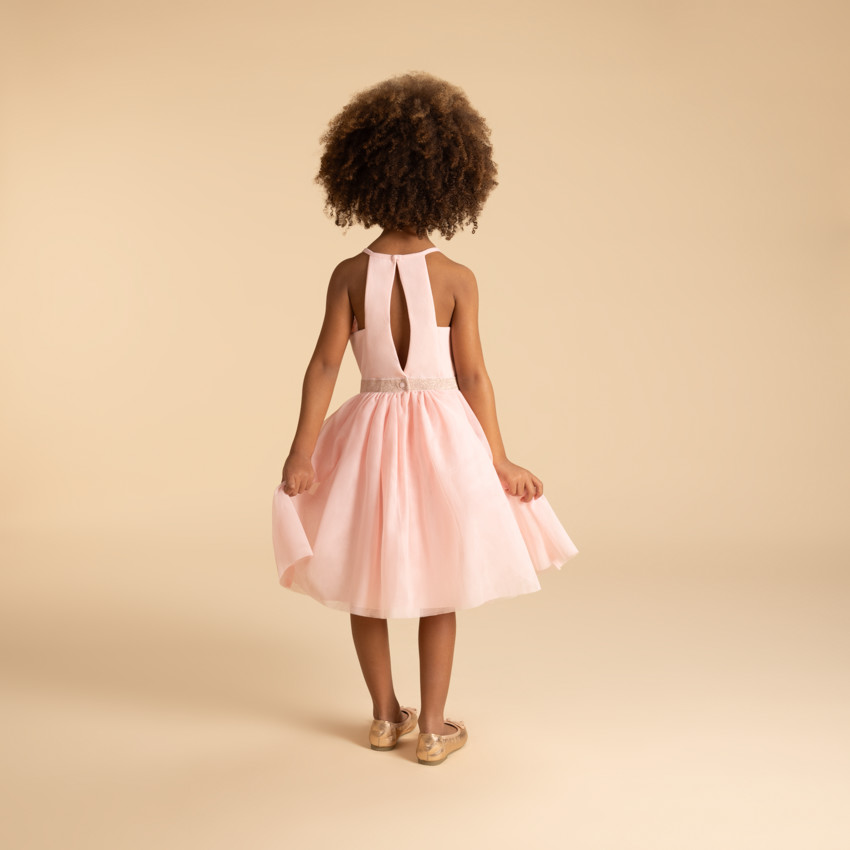 Robe de cérémonie bi-matière à bretelles et fleur pour fille 