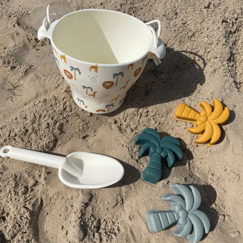 Seau de plage avec pelle et 3 moules en silicone Jungle 