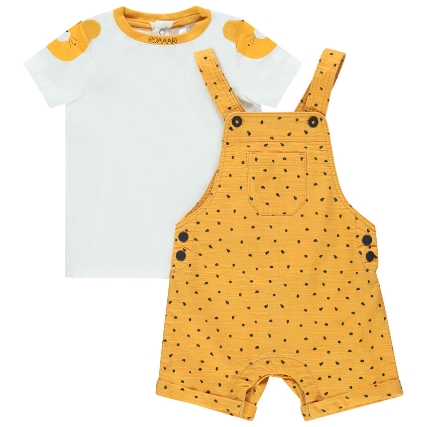 Ensemble bébé garçon avec t-shirt ludique et salopette jaune à pois 