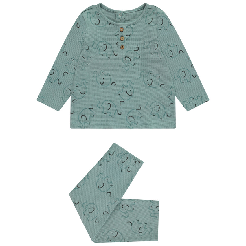 Pyjama 2 pièces nid d'abeille imprimé éléphants pour bébé garçon avec finitions différentes selon l'âge 