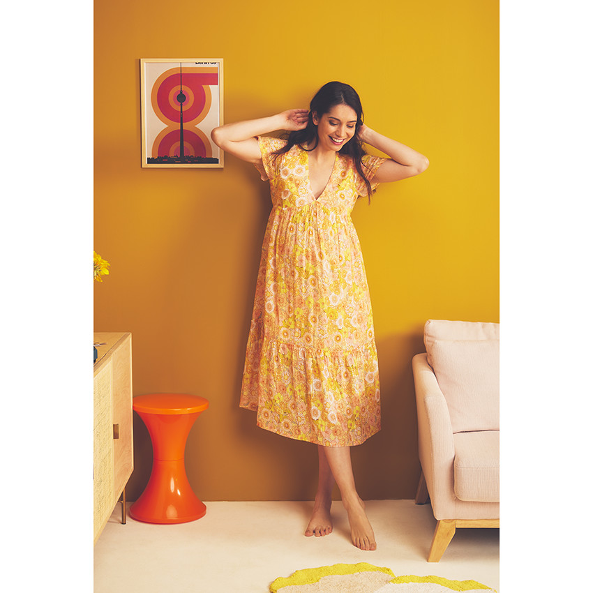 robe manches courtes volantée imprimé rétro pour femme - jaune
