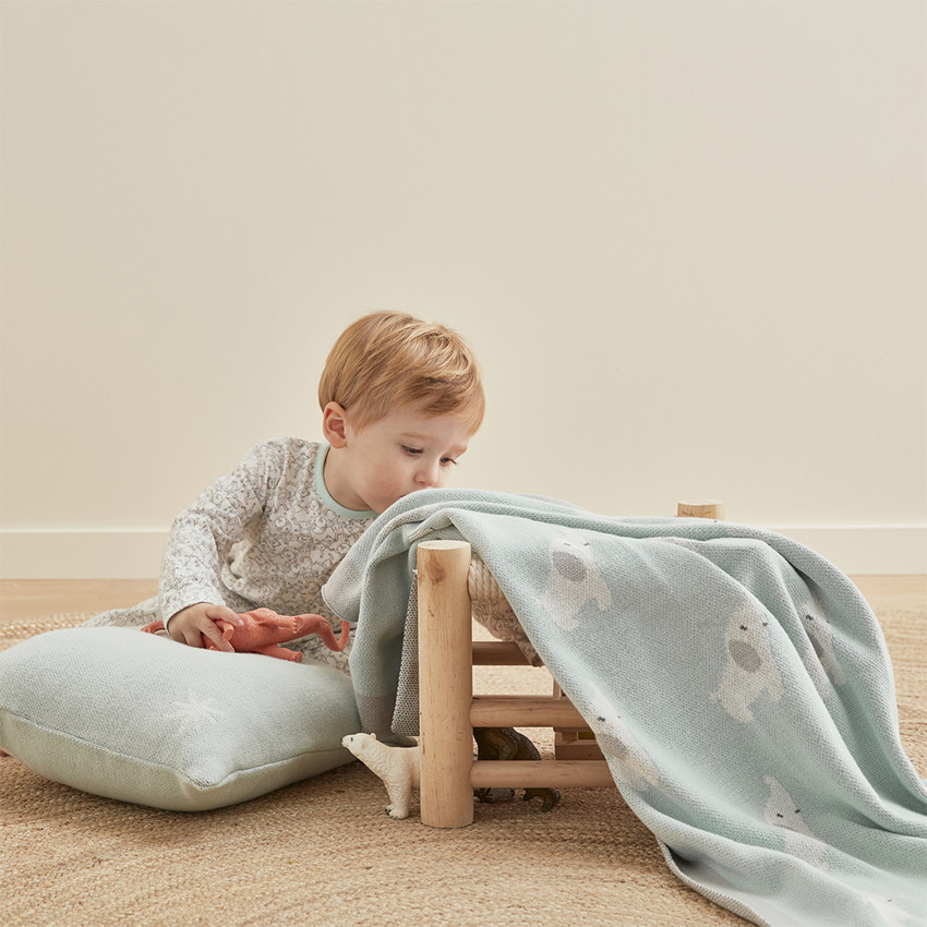 Couverture tricotée en jacquard Bio Anna et Milo 75 x 100 cm - Gris/Vert Pâle 