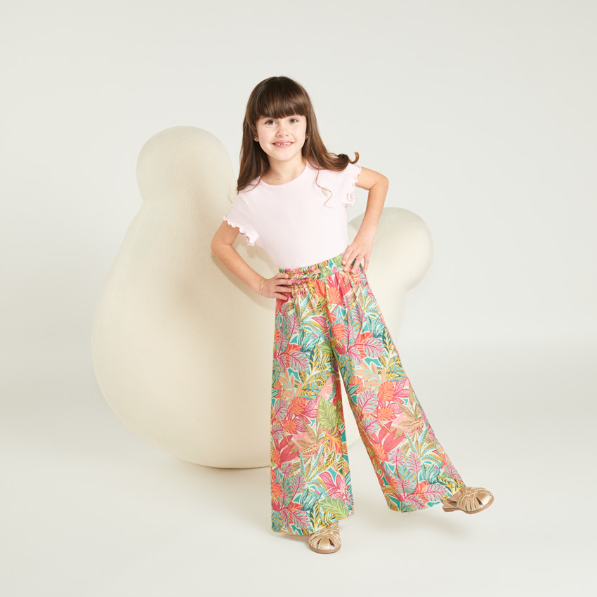 T-shirt manches courtes en maille côtelée uni broderie cœur pour fille 