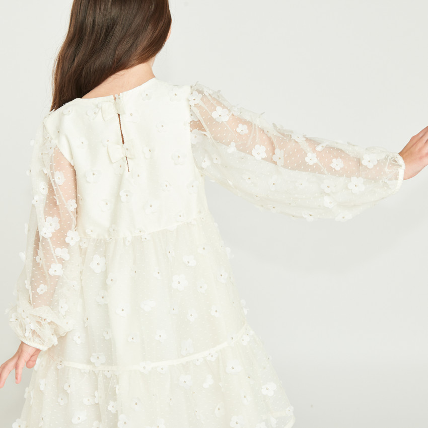 Robe à manches longues en toile avec fleurs 3D pour fille 