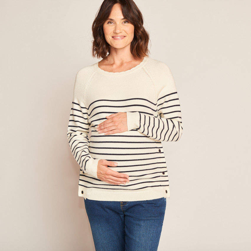 Pull d&#39;allaitement en tricot rayé esprit marinière avec col fantaisie  