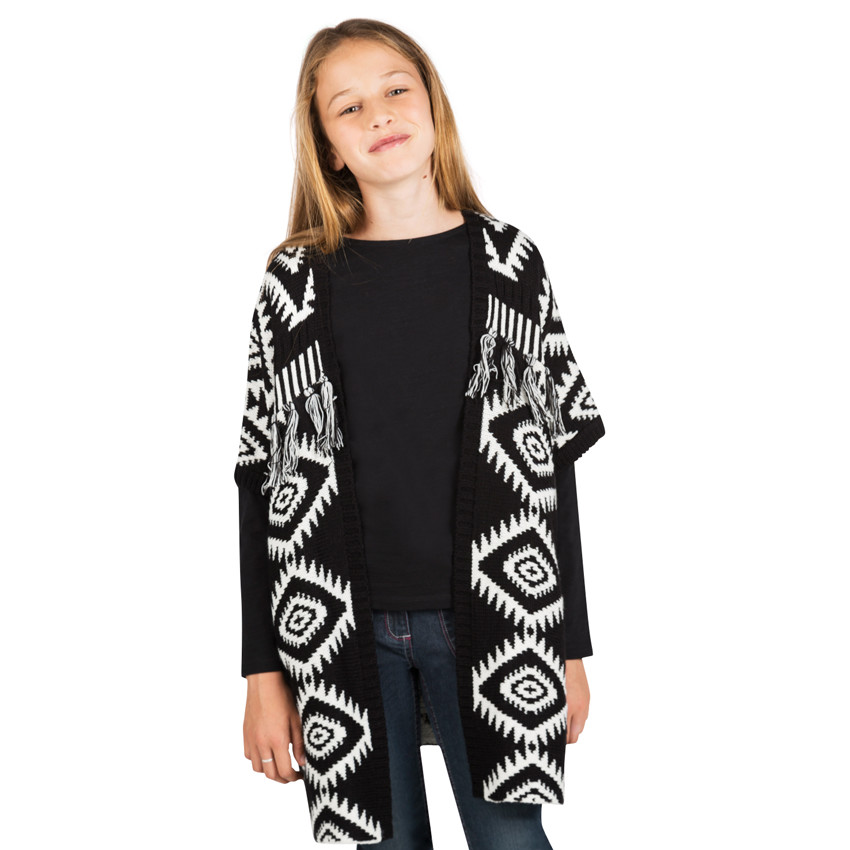 Junior - Poncho imprimé jacquard avec pompons 