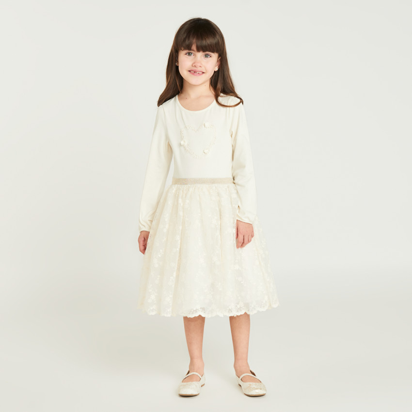Robe manches longues effet 2 en 1 en tulle brodé pour fille 