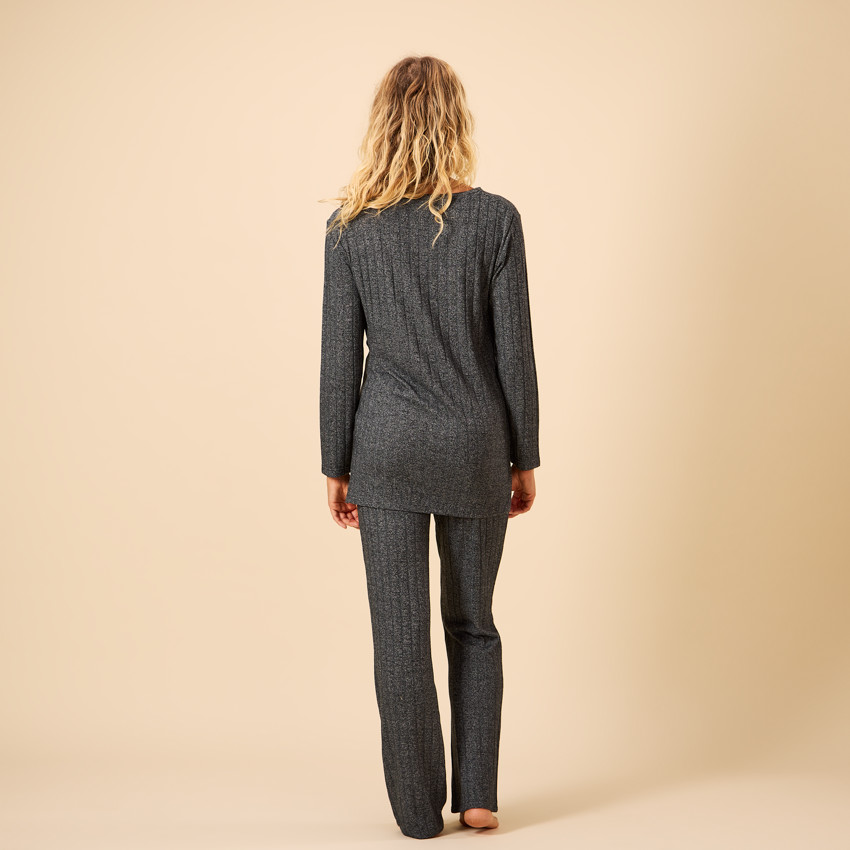Set pyjama 2 pièces uni effet côtelé pour femme 