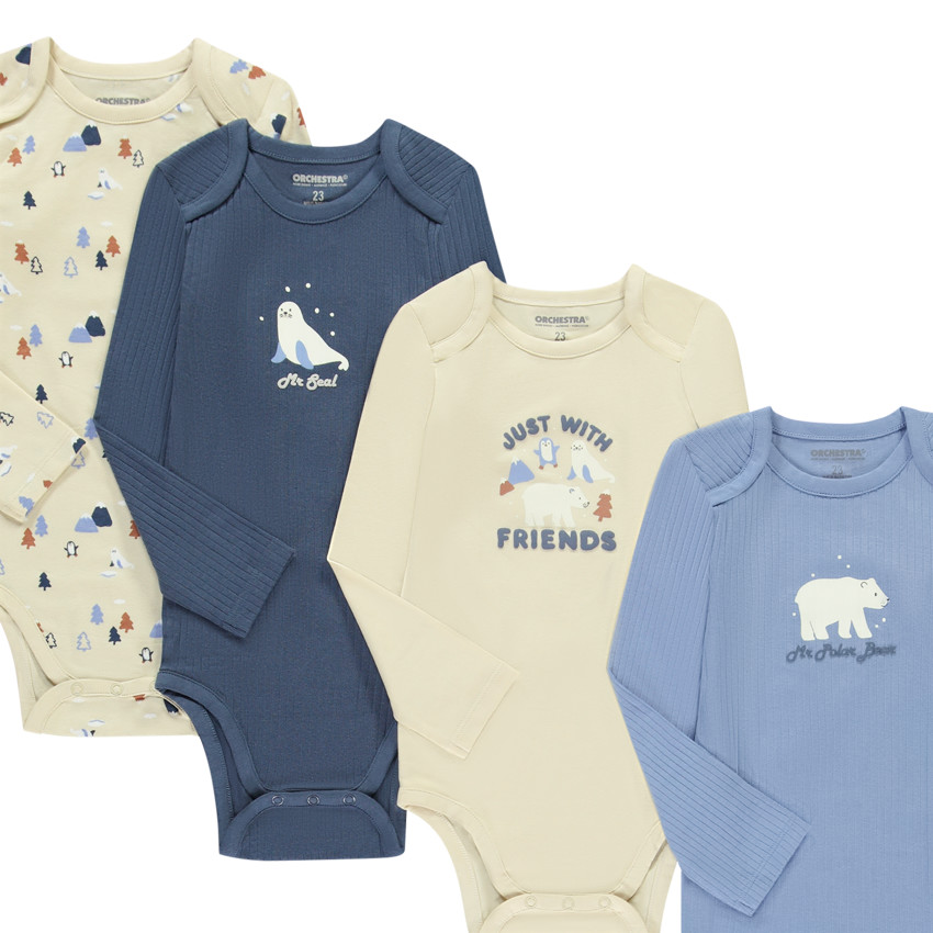 Lot de 7 bodies manches longues motifs Artic pour bébé garçon avec ouvertures différentes selon l'âge 
