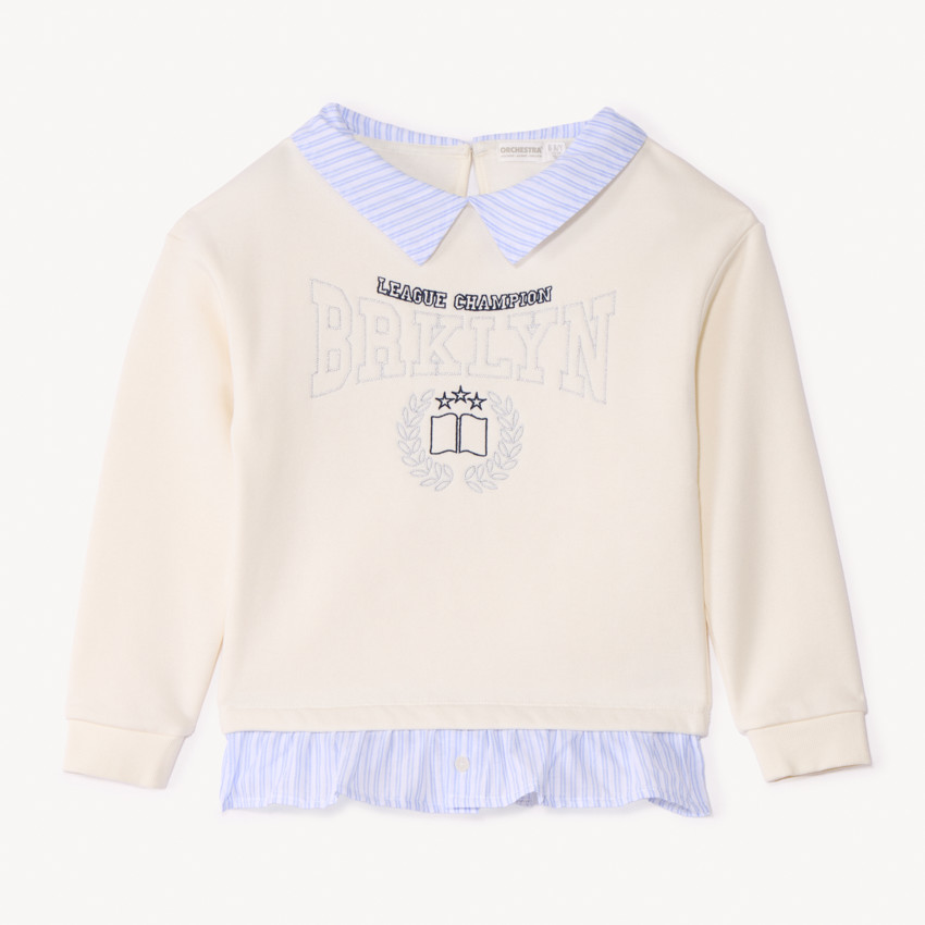 Sweat molleton avec col en popeline rayée et broderie pour fille