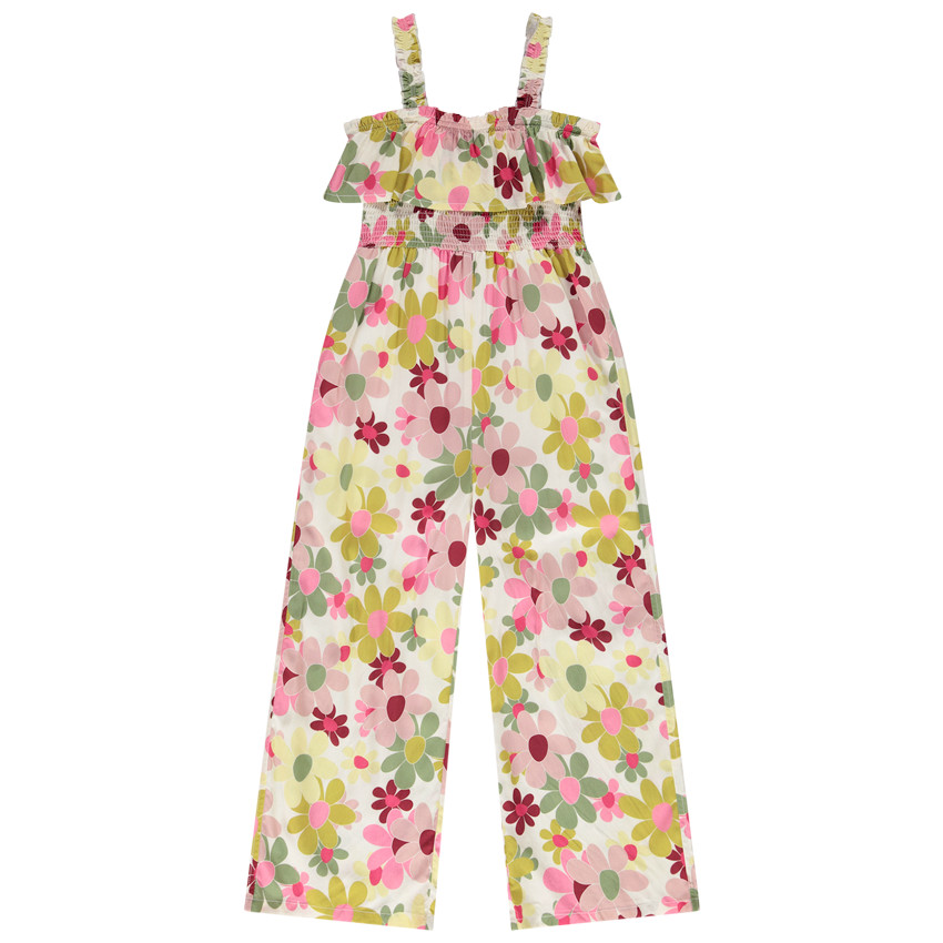Combinaison longue volantée à smock imprimé fleurs pour fille 