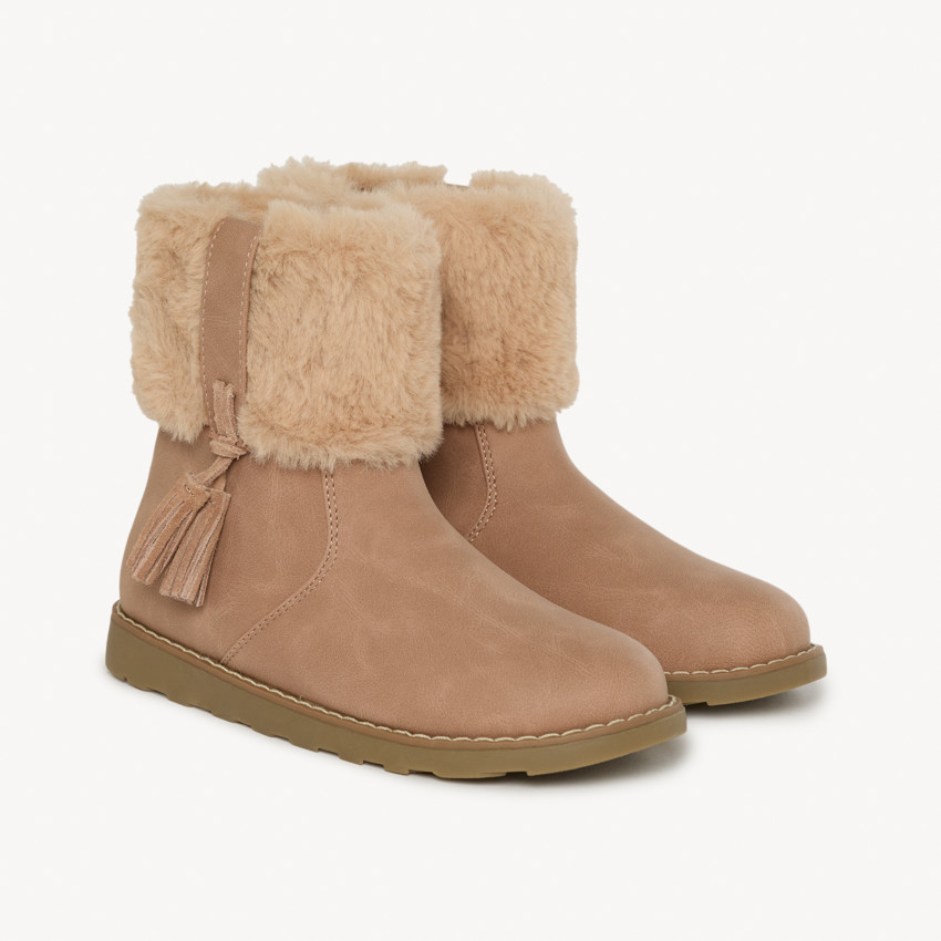 Demies bottes beiges avec pompon et revers fourrure pour bébé fille