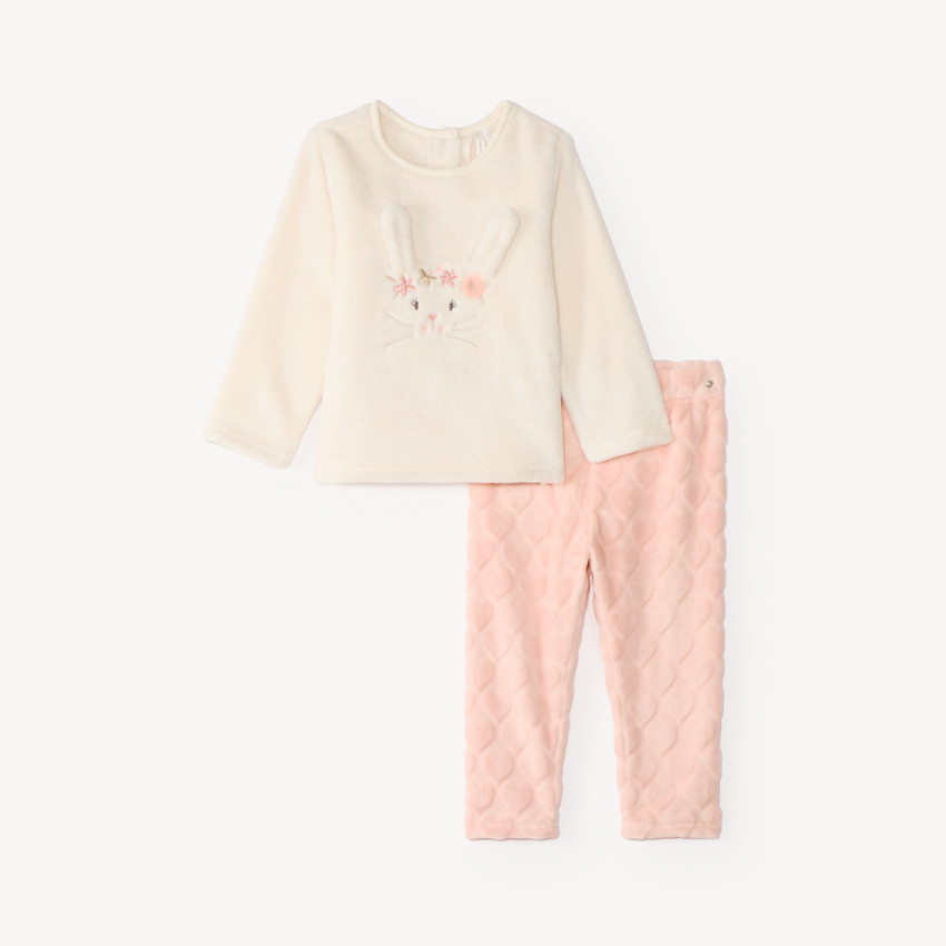 Pyjama bébé fille en velours avec lapin et fleurs brodés 