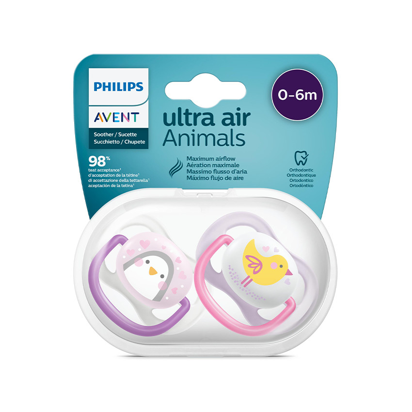 Lot de 2 sucettes silicone Ultra Air 0-6M animals (modèle aléatoire) 