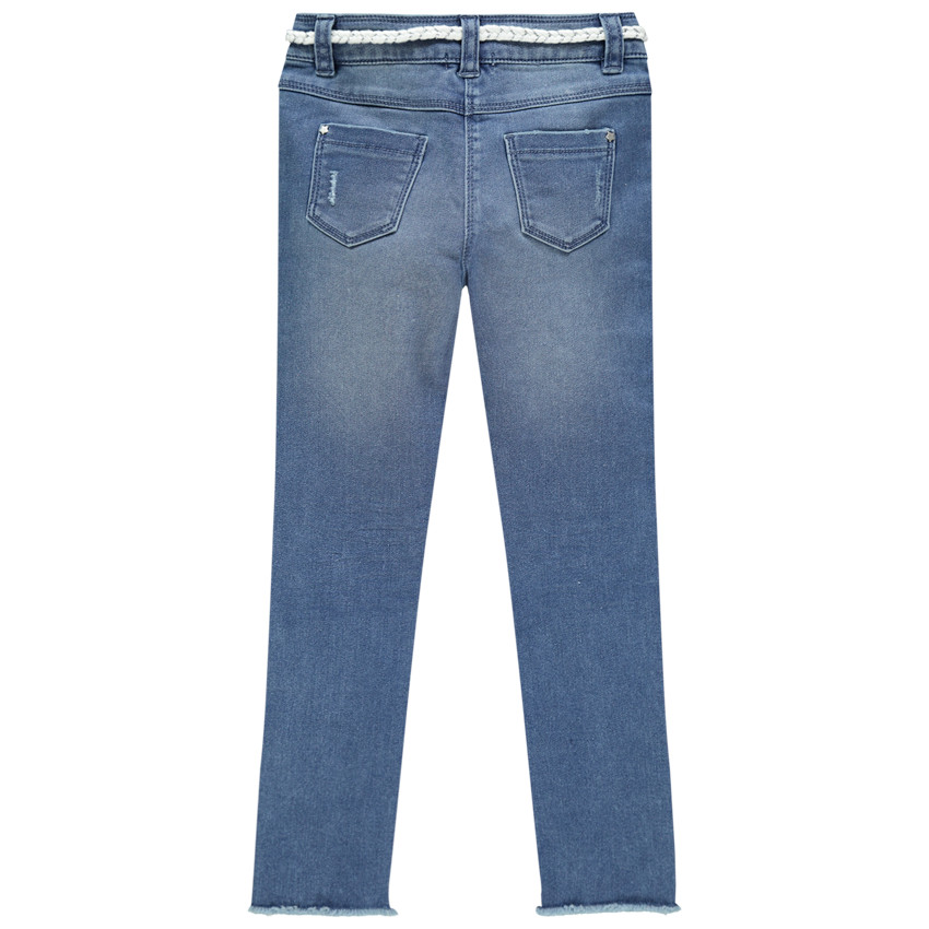 Jean effet used à bandes imprimées et ceinture tressée 