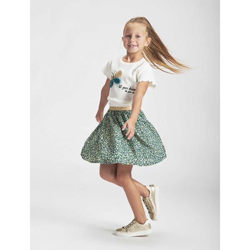 Jupe courte patineuse en voile de viscose imprimé fleuri pour fille 
