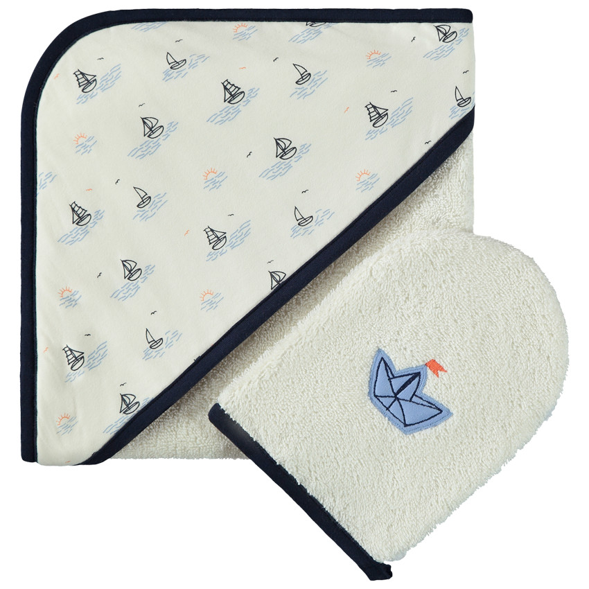 Set de bain cape + gant de toilette voiliers pour bébé garçon 
