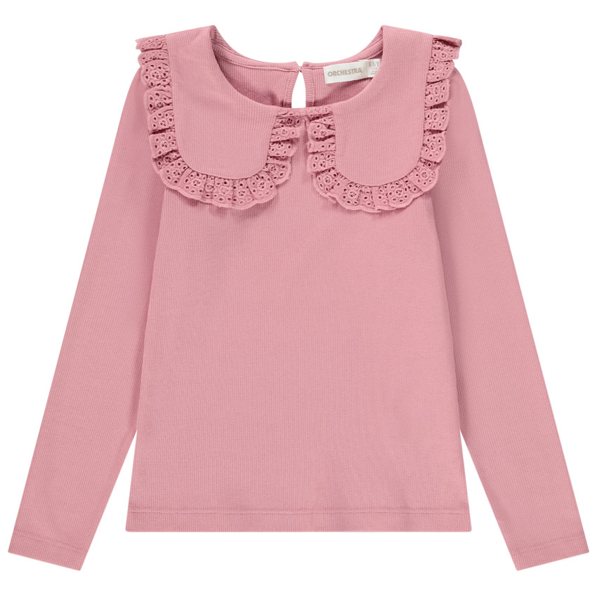 T-shirt manches longues côtelé à col brodé pour fille