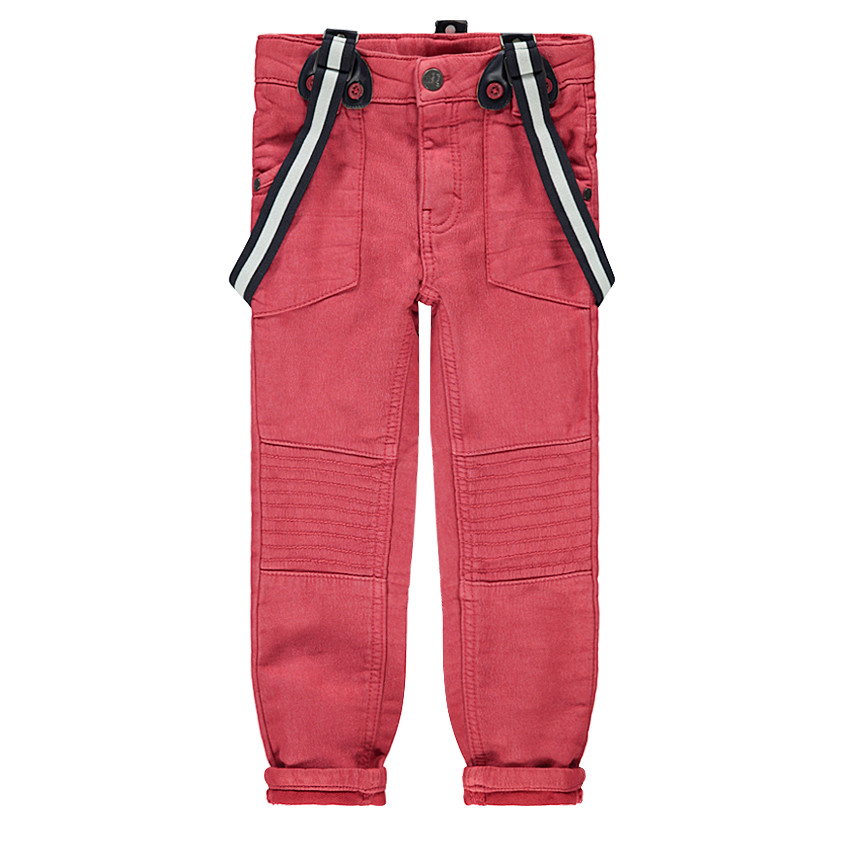 Pantalon en toile rouge effet used avec bretelles amovibles élastiquées 