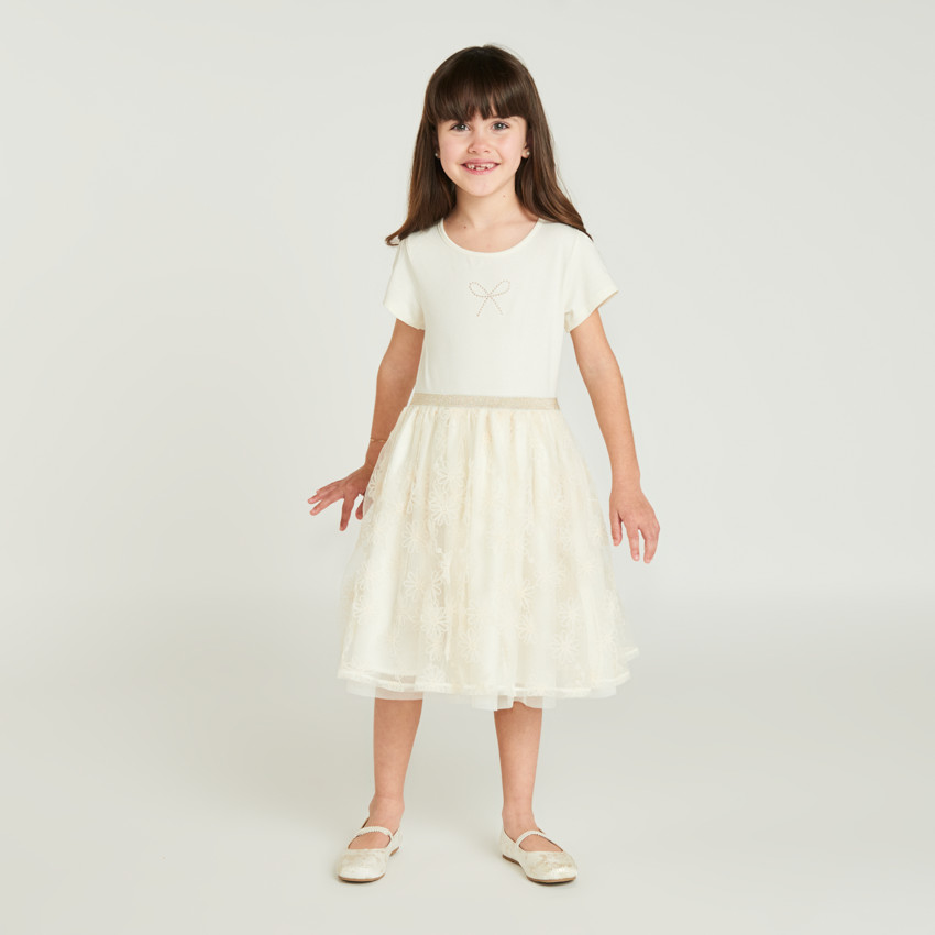 Robe manches courtes effet 2 en 1 en tulle brodé pour fille