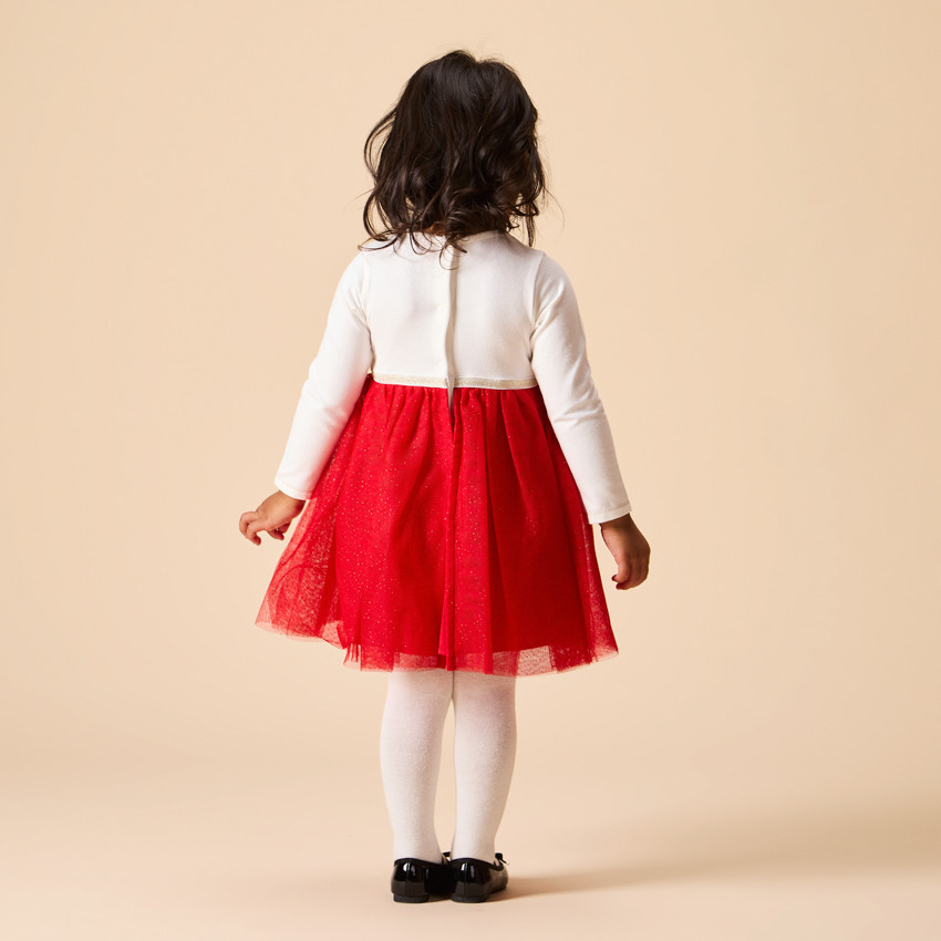 Robe de fête manches longues effet 2 en 1 bi-matière pour bébé fille 