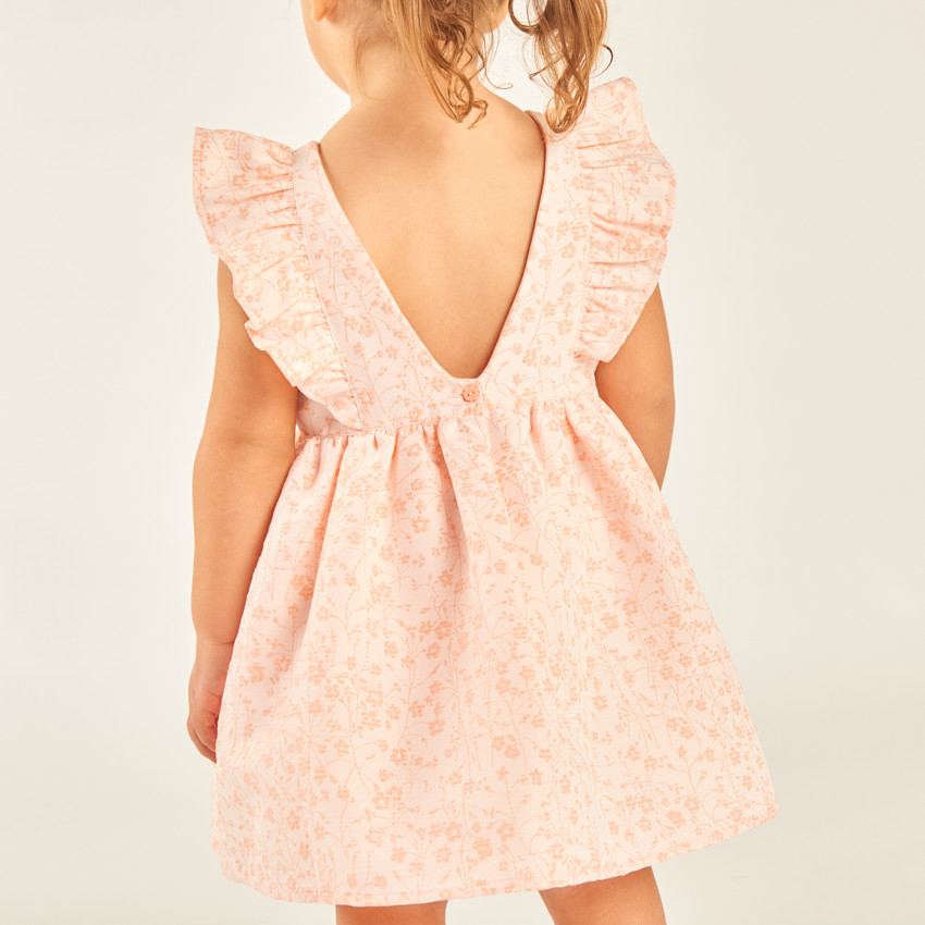 Robe manches courtes volantée à motifs fleuris en jacquard pour bébé fille 