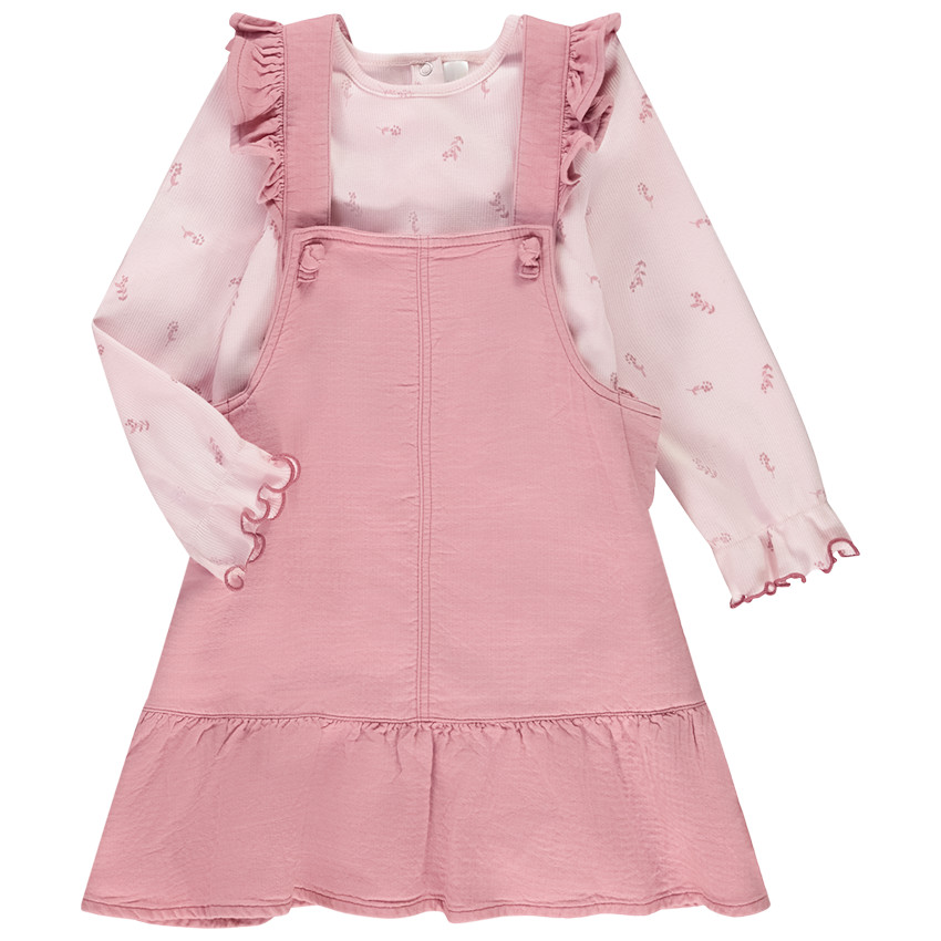 Ensemble robe salopette uni rose + t-shirt fantaisie pour bébé fille 