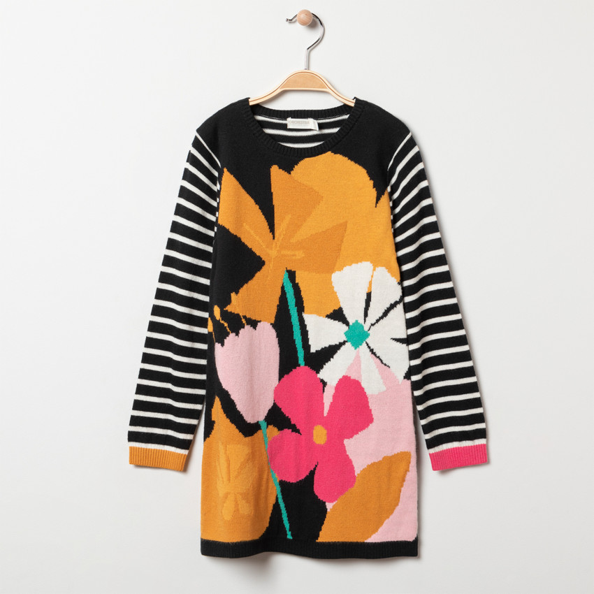 Robe manches longues en tricot à fleurs et rayures pour enfant fille 