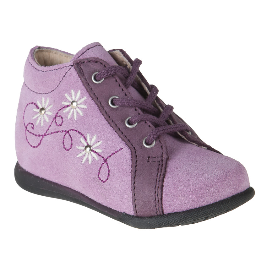 Bottillons lilas avec lacets et fleurs et strass sur le côté 