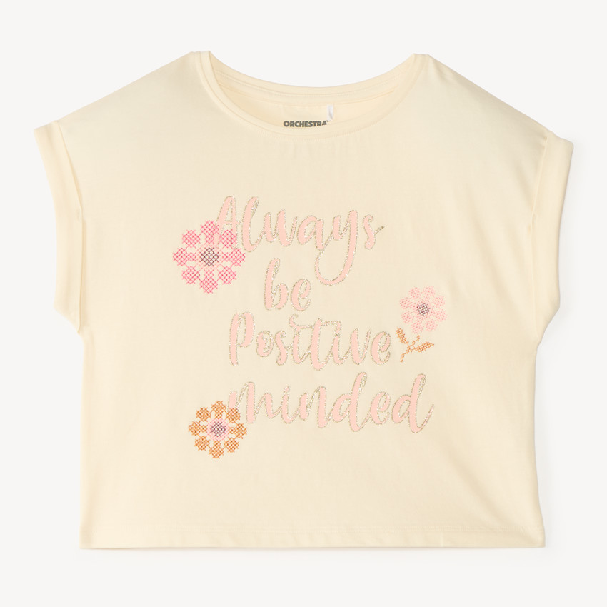 T-shirt fille manches courtes print fantaisie et fleuri