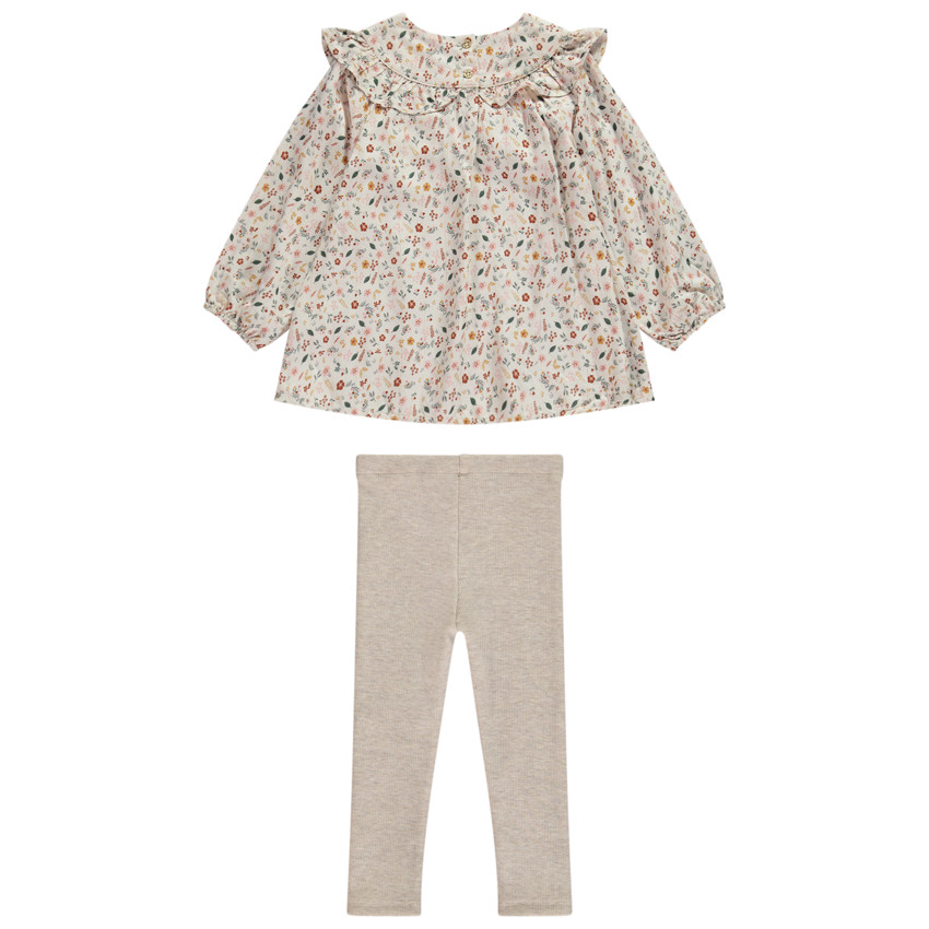 Ensemble tunique fleurie + caleçon uni beige pour bébé fille 