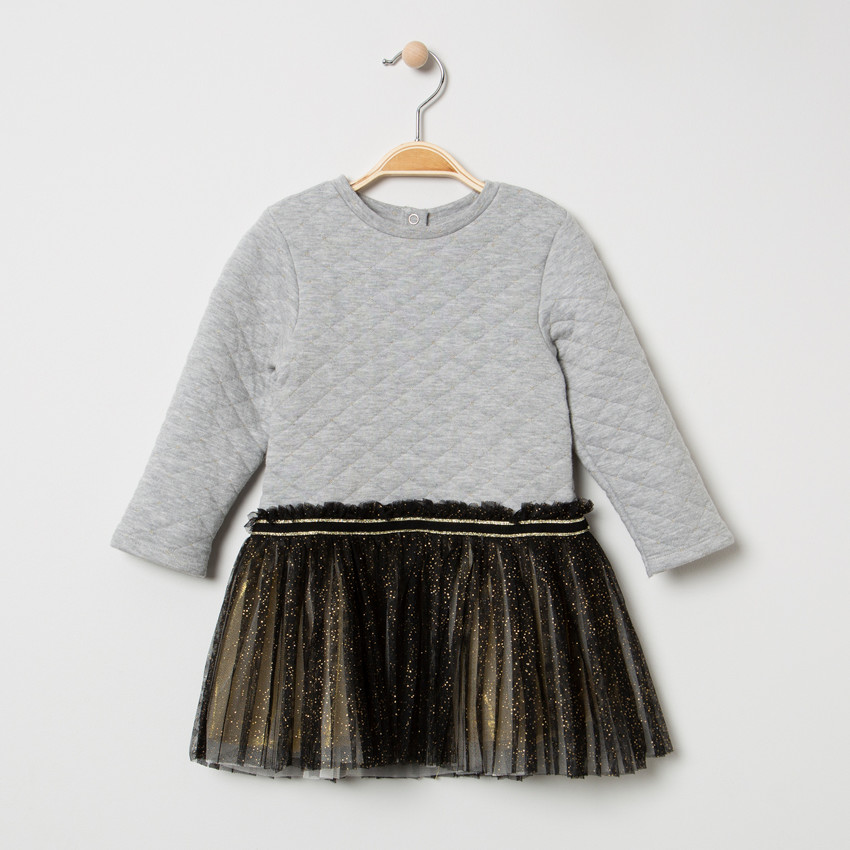 Robe manches longues bi-matières en molleton et tulle plissée 