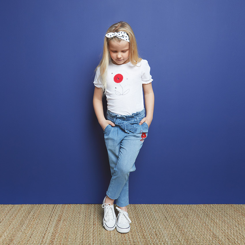 T-shirt manches courtes patch fleur brodé pour fille 