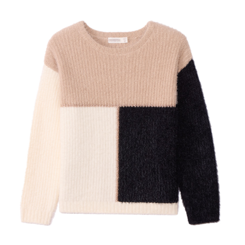 Pull manches longues en tricot pelucheux tricolore pour fille