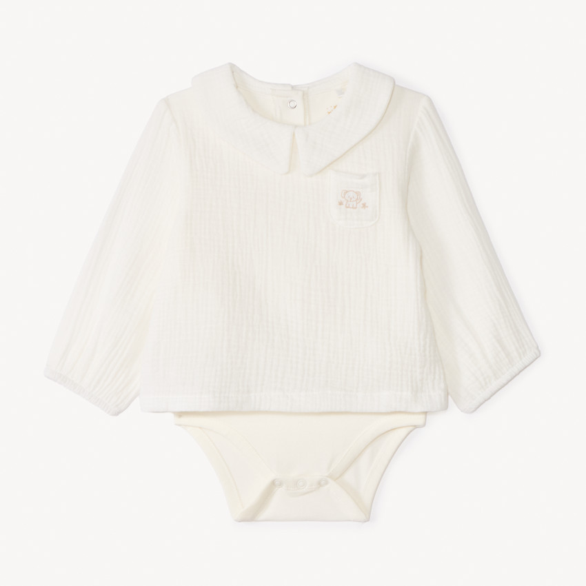 Barboteuse effet 2-en-1 en gaze de coton broderie éléphant pour bébé garçon 