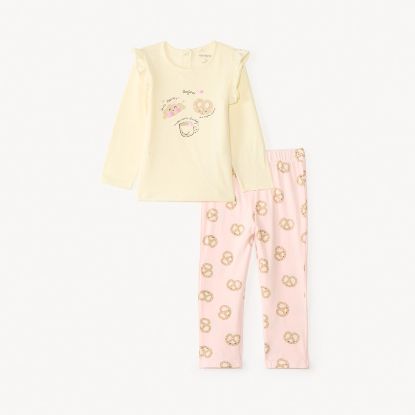 Set 2 pièces de pyjama t-shirt + pantalon motif breakfast pour bébé fille avec finitions différentes selon l'âge 