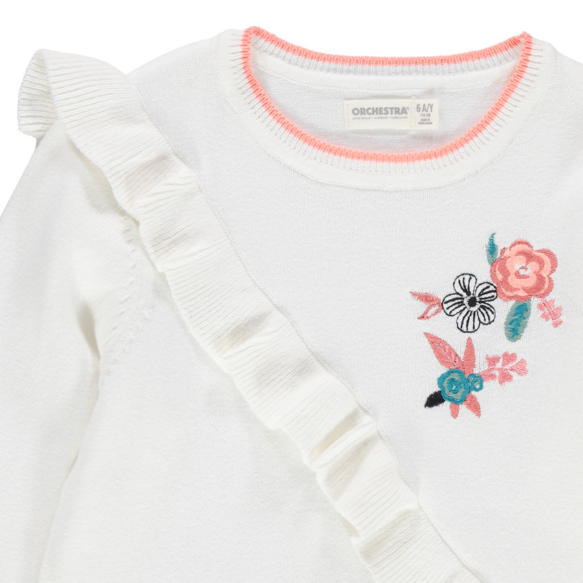 Pull en tricot volanté à fleurs brodées 
