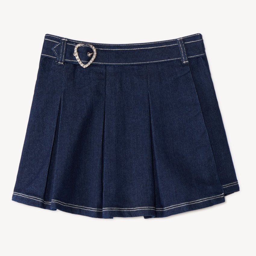 Jupe-short plissé en denim fille avec boucle cœur à strass 