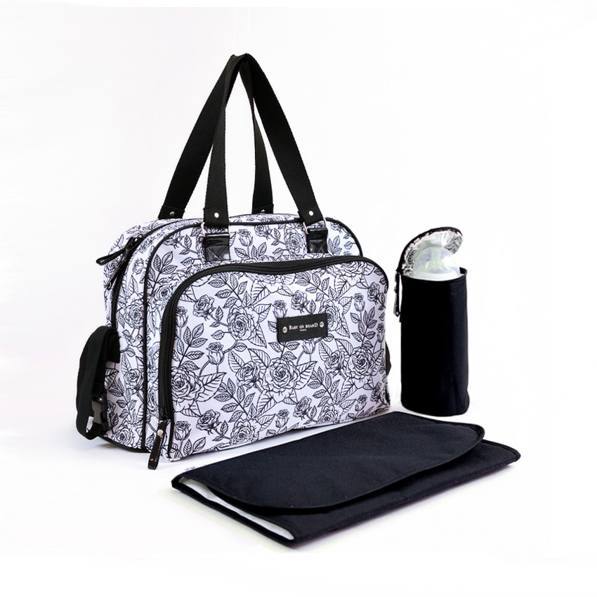 Sac à langer Simply Baby Bag imprimé roses blanc/noir 