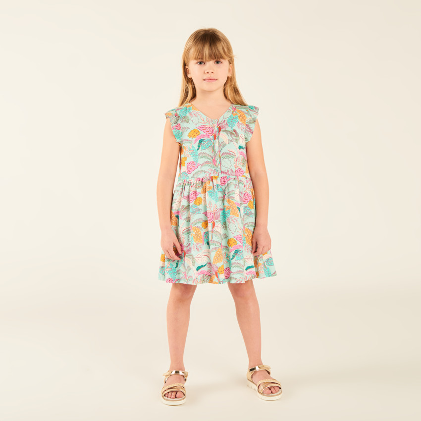 Robe manches volantées en voile imprimé tropical pour fille